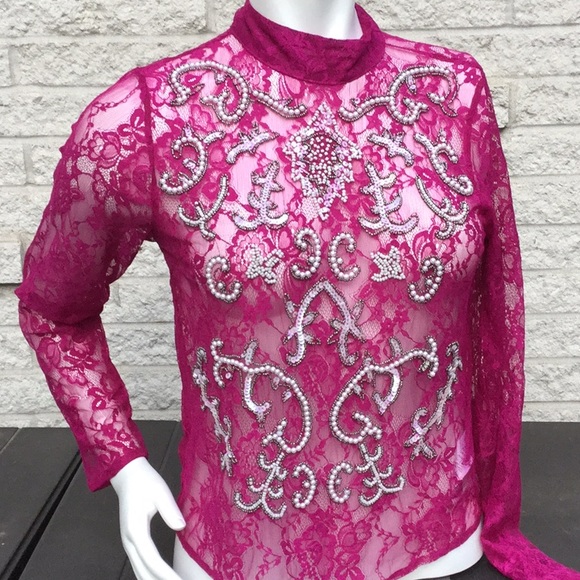 NEW ASOS Pink Pearl Sequin Sheer Lace long sleeve Mock Top 2 - Picture 8 of 8